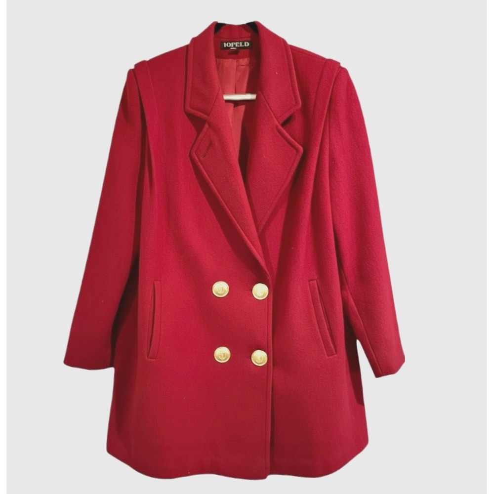 VTG Jofeld Eastman RED WOOL PEA COAT JACKET Double Breasted GOLD BUTTONS sz M